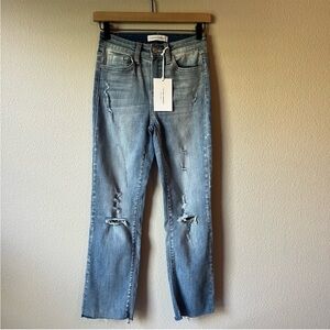 Flying Monkey Lani Blue High Rise Crop Distressed Straight Jeans Size 24